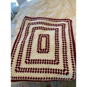 Handmade 100% Acrylic Crocheted Red and White Afghan Throw Blanket